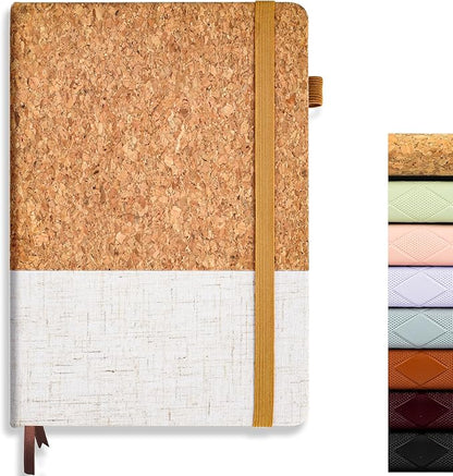 Lined Journal Notebook for Women Men, 192 Pages 100 GSM Thick Paper, Cork & Non-Woven Fabric Cover | Hardcover Journals for Writing, A5 College Ruled | Business, Work & School, 5.8"×8.5"(Cork-White)