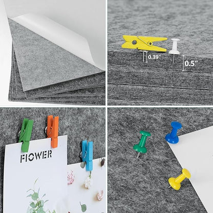 AKTOP Cork Bulletin Board 12x12, 1/2" Thick Felt Cork Board Tiles 6 Pack, Small Square Pin Board for Wall, Self Adhesive Corkboards with 60 Push Pin Wood Clips for School, Home & Office, Grey