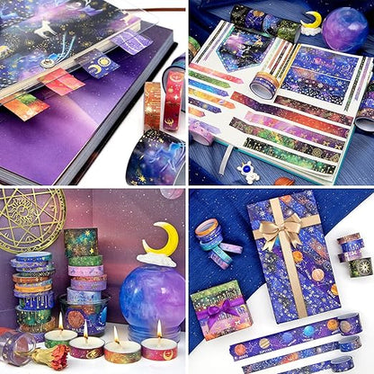 52 Rolls Washi Tape Set, Gold Foil Galaxy Washi Tape for Journaling Supplies, 4 Size Washi Tapes for Scrapbooking, DIY Journal Set, Craft, Gift Wrapping, Painting