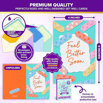 Decorably 24 Pack 4x6in Cute Get Well Cards Assortment Box with Envelopes and Stickers, 24 Unique Designs Get Well Soon Cards with Printed Message Inside