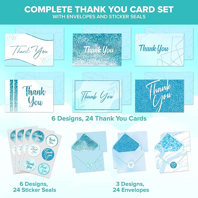 Decorably 24 Pack Glittery 6x4in Light Blue Thank You Cards with Envelopes and Stickers, 24 Elegant Designs, Blank Inside - Wedding, Baby Shower