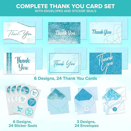 Decorably 24 Pack Glittery 6x4in Light Blue Thank You Cards with Envelopes and Stickers, 24 Elegant Designs, Blank Inside - Wedding, Baby Shower