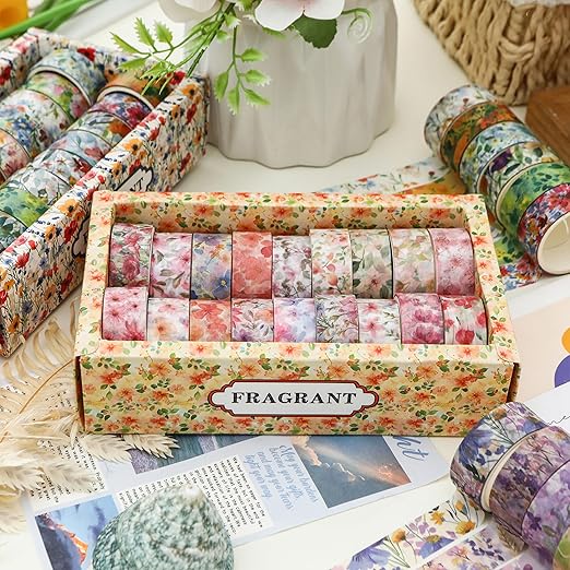 18 Rolls Blossom Washi Tape Set Floral Arts Adhesive Tapes Flowers Garden Decorative Masking Tape Set for Craft, Kids, Scrapbook, DIY, Gift Wrapping (Pastel Charm)