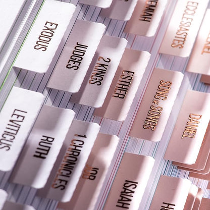 DiverseBee Laminated Bible Tabs (Rose Gold Embossed Lettering), Bible Journaling Supplies, Bible Book Tabs, Christian Gift, 73 Bible Tabs for Women and Men, Includes 4 Blank Tabs (Pearl)