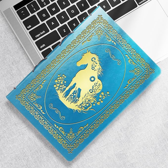 Light Blue A5 Horse Gifts for Women Girls Faux Leather Vintage Notebook Inspirational Horse Trainer Gift Hardcover Executive Notebook,200 Pages 120 Gsm Thick Ruled Paper With Pen,Horse Lover Gifts Equestrian Gift (Horse Light Blue)