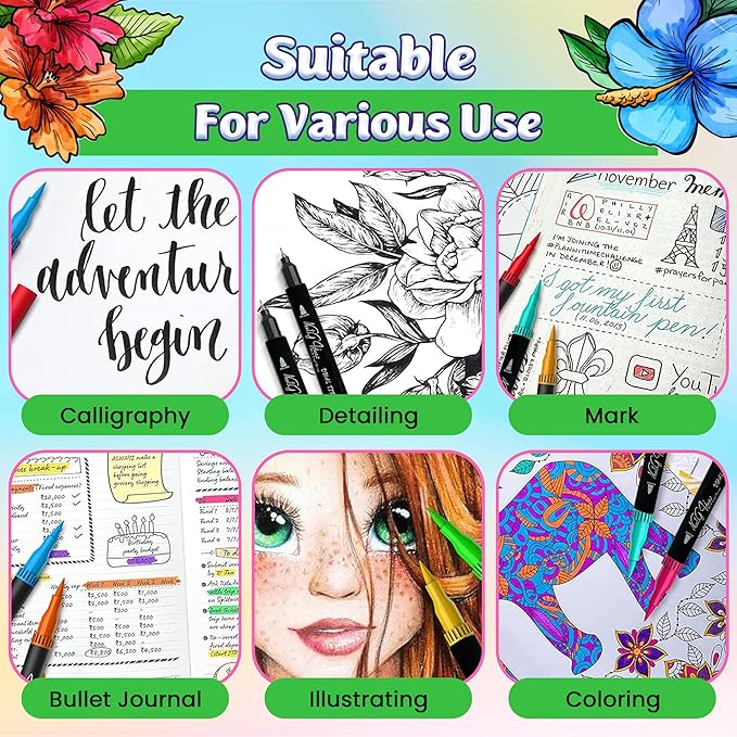 Dual Tip Brush Art Marker Pens, 80 Unique Bright Color, Water-Based Ink, Fineliner & Brush Tip Pens for Arts Lovers Coloring Drawing Book, Calligraphy Writing, Sketching and Doodling