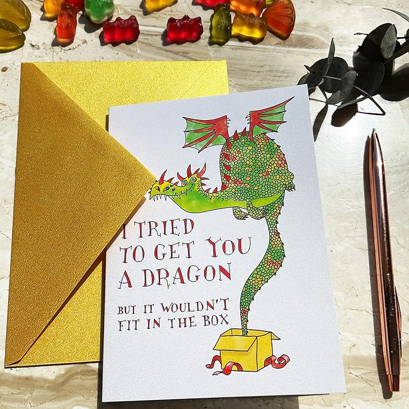 I Tried to Get You a Dragon Handmade Greeting Card, Fairy Tale Birthday, Funny Unique Dragon Magical Bday Gift for Boy, Girl, Fantasy Lover