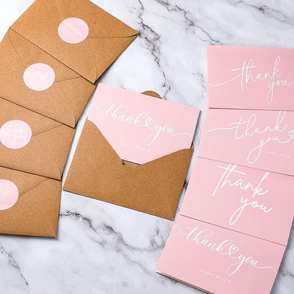 100 Bulk Pink Thank You Cards with Kraft Envelopes and stickers - 4 Minimalistic Designs Blank Thank You Notes with Envelopes for business Wedding Bridal Gift Baby Shower Business Graduation