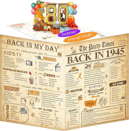 80th Birthday Card for Men Women, Funny 3D Pop Up 80th Birthday Gifts for Grandma Mom Dad, Back In 1945 Happy 80 Year Old Birthday Decorations Cards for Her Him, Classy Vintage