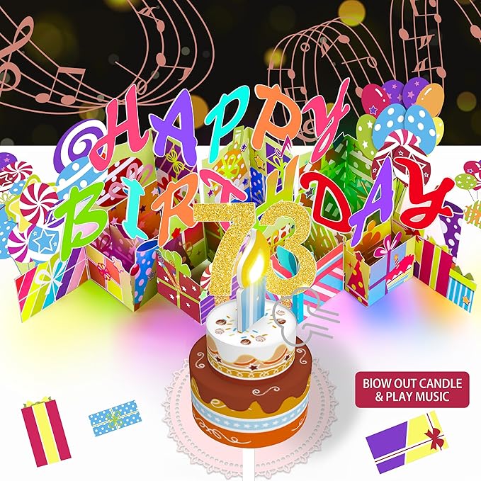 Gumry 73RD Musical Birthday PopUp Card, Blowable Colorful Light Candle 3D Cards with Song, Applause Cheers Sound, Greeting Cards Birthday Gifts Decorations for Women Men Turning 73 Years Old
