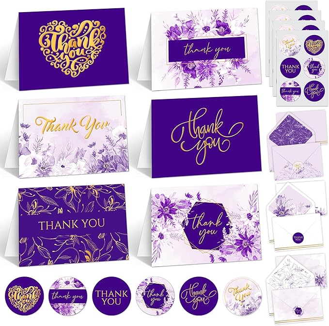 Decorably 24 Pack Gold-Foiled 6x4in Purple Thank You Cards with Envelopes and Stickers, 6 Elegant Designs Lavender Thank You Cards, Blank Inside - Wedding, Baby Shower
