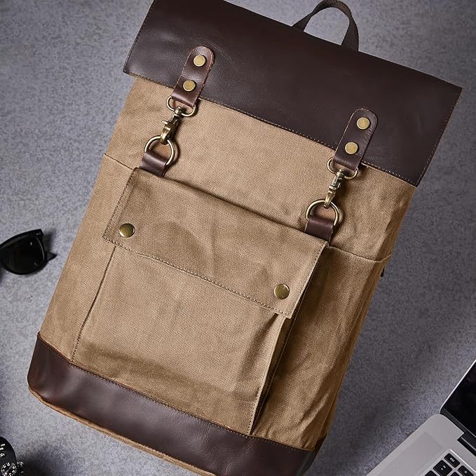 Vintage Waterproof Waxed Canvas Leather Backpack for Men Women 15.6" laptop Travel Rucksack