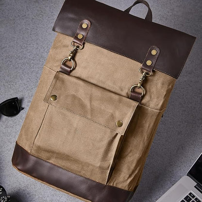 Vintage Waterproof Waxed Canvas Leather Backpack for Men Women 15.6" laptop Travel Rucksack