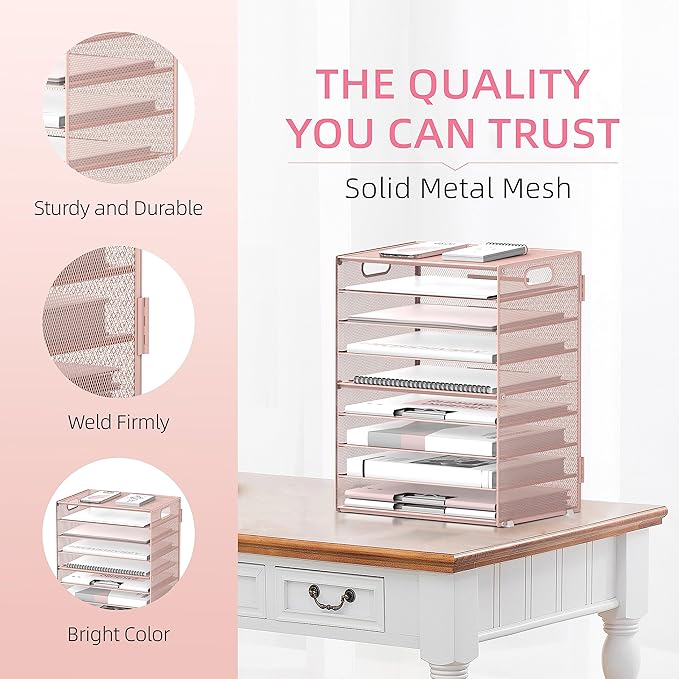 DALTACK 9-Tier Paper Letter Tray Desk Organizer with Handles, Mesh File Holder Organization, Paper Sorter Desk Organizer for Office Home School, Pink 2 Pack