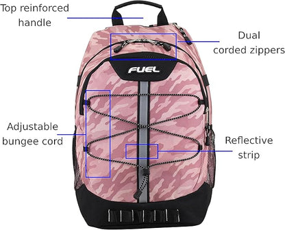 FUEL Hiking Backpack for Women Men Terra Sport, Travel, College, Gym, Work with Laptop Sleeve, Bungee, 18 Inches, Pink Camo