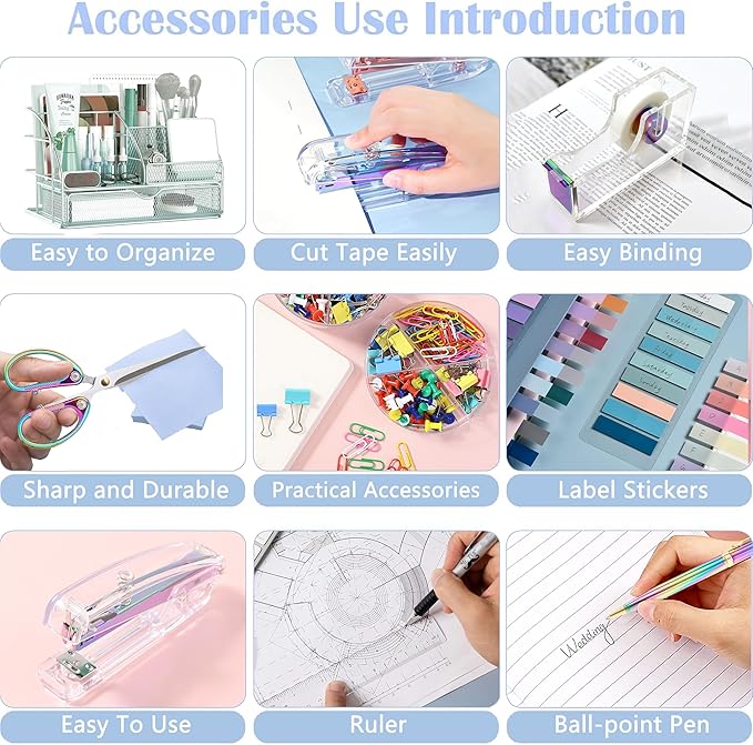 Dream Color Desk Accessories, Office Desk Organizers and Accessories Supplies with Mesh Desk Organizer, Tape Dispenser, Stapler, Staples, Ballpoint Pen, Clips Set, Ruler, Scissor, Sticky Tabs