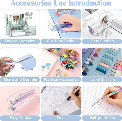 Dream Color Desk Accessories, Office Desk Organizers and Accessories Supplies with Mesh Desk Organizer, Tape Dispenser, Stapler, Staples, Ballpoint Pen, Clips Set, Ruler, Scissor, Sticky Tabs