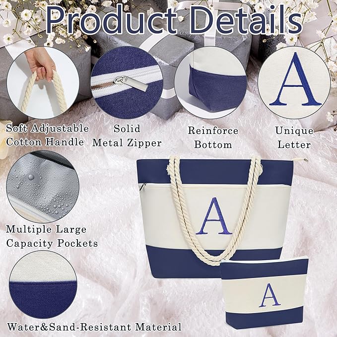 YOOLIFE Christmas Gifts for Women - Initial Canvas Tote Bag & Makeup Bag, Birthday Gifts for Women Mom Teacher Friend Sister