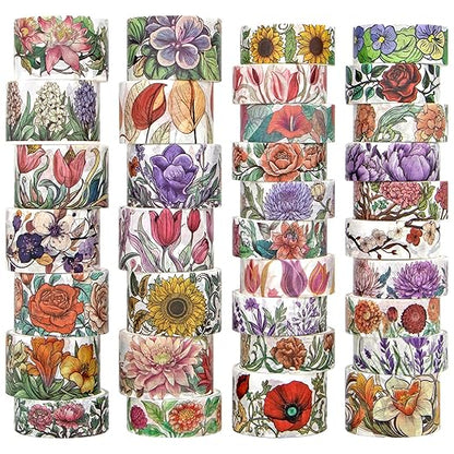 Flower Washi Tape Set, 34 Rolls Floral Tapes for Journaling Supplies, 25mm and 15mm Decorative Tape for Crafts, Christmas Gifts for Moms, Girlfriends, Kids (Rose, Sunflower, Lavender)