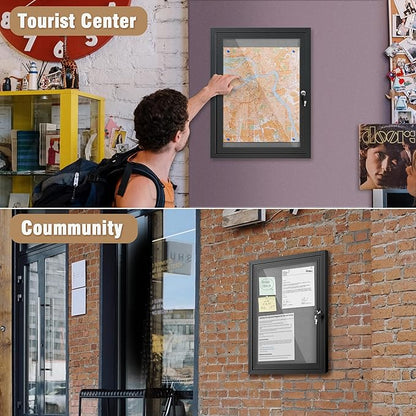 26"x20" Enclosed Bulletin Board, Outdoor Lockable Weather-Resistant Aluminum Cork Noticeboard for School & Office, Black Frame w/Grey Flet