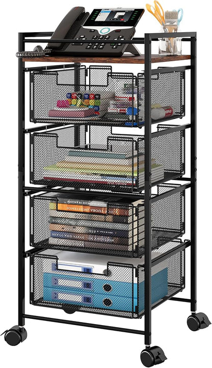 EasyPAG Rolling File Cabinet 4 Drawers Metal File Organizer Storage Cart Mobile File Cart with Removable Drawers with 4 Swivel Casters Rolling Wheels Cart, Black