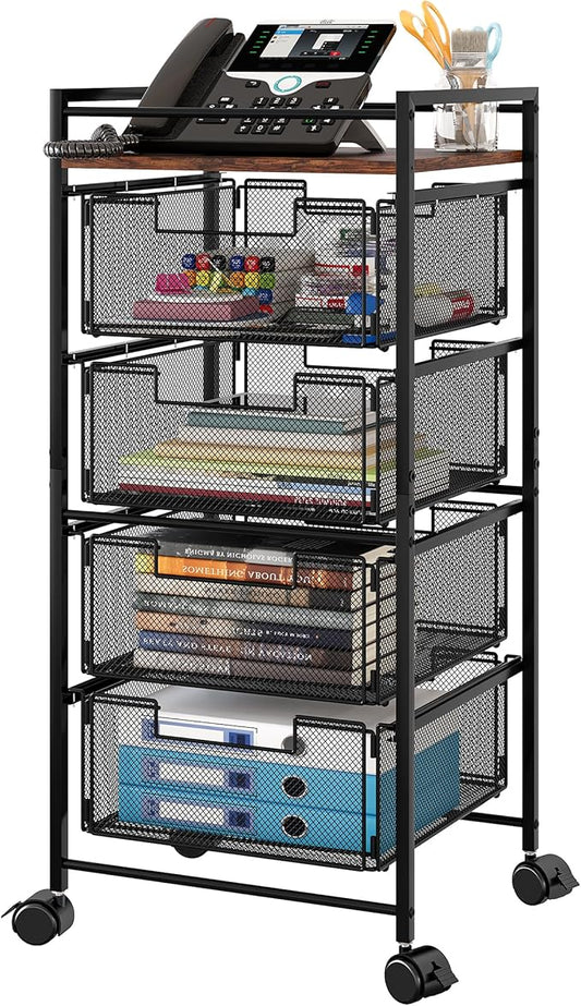 EasyPAG Rolling File Cabinet 4 Drawers Metal File Organizer Storage Cart Mobile File Cart with Removable Drawers with 4 Swivel Casters Rolling Wheels Cart, Black