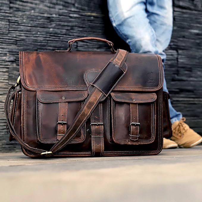 cuero Leather Briefcase Work Bag for Men Women Dark Brown Crossbody Genuine Leather Satchel Office Bag for Men Women 18 Inch Computer Travel Messenger Laptop Shoulder Bag Cureo