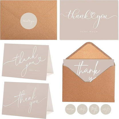 100 Bulk Khaki Thank You Cards with Kraft Envelopes and stickers - 4 Minimalistic Designs Blank Thank You Notes with Envelopes beige for business Wedding Bridal Gift Baby Shower Business Graduation