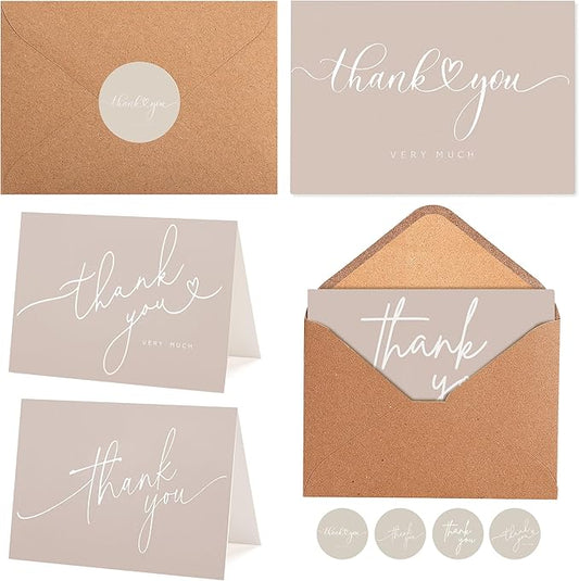 100 Bulk Khaki Thank You Cards with Kraft Envelopes and stickers - 4 Minimalistic Designs Blank Thank You Notes with Envelopes beige for business Wedding Bridal Gift Baby Shower Business Graduation