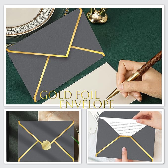 60 Pack Gold Envelopes 5x7 Silver Gray, 250G Pearled Cardstock A7 Envelopes for Invitations Business Mailing Envelope with Gold Foil Border, A6 4x6 Envelopes for Wedding Baby Shower Cards