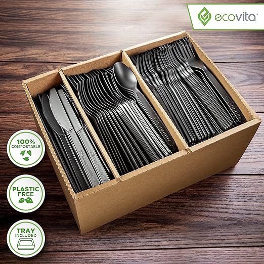 100% Compostable Forks Spoons Knives Cutlery Combo Set - 380 Large Disposable Utensils (7 in.) Eco Friendly Durable and Heat Resistant Alternative to Plastic Silverware with Convenient Tray