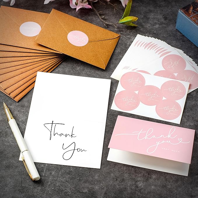 100 Bulk Pink Thank You Cards with Kraft Envelopes and stickers - 4 Minimalistic Designs Blank Thank You Notes with Envelopes for business Wedding Bridal Gift Baby Shower Business Graduation