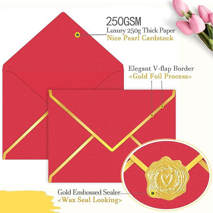 60 Pack Gold Envelopes 5x7 Rose Red, 250G Pearled Cardstock A7 Envelopes for Invitations Business Mailing Envelope with Gold Foil Border, A6 4x6 Envelopes for Wedding Baby Shower Cards