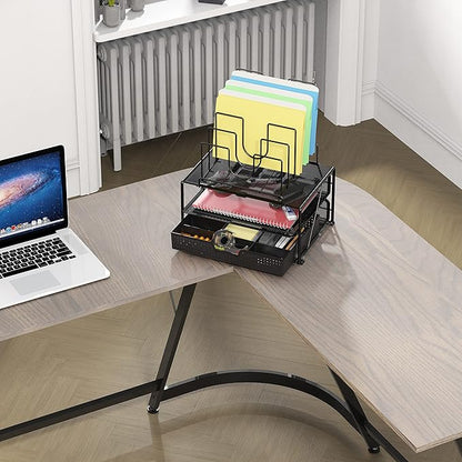 Deco Brothers Desktop File Organizer with Double Tray and 5 Folder Stand, Black