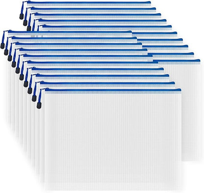 AUSTARK 20 Pcs Zipper File Bags, Plastic Mesh Pouch, Board Game Storage Bag, Waterproof Bags for Office School (B4 Size 15''x11'', White and Blue)