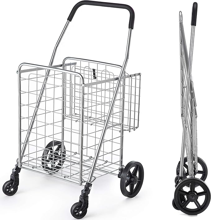 Wellmax Metal Grocery Shopping Cart with Wheels for Groceries, Folding Cart for Convenient Storage and Holds Up to 66lbs, Dual Swivel Wheels and Extra Basket, Silver