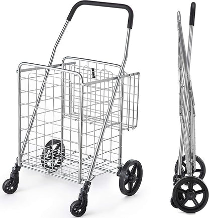 Wellmax Metal Grocery Shopping Cart with Wheels for Groceries, Folding Cart for Convenient Storage and Holds Up to 66lbs, Dual Swivel Wheels and Extra Basket, Silver