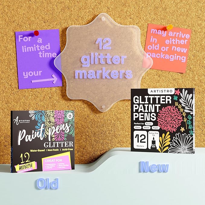ARTISTRO 12 Glitter Paint Pens Sparkly and Shiny for Rock Painting, Stone, Ceramic, Glass, Wood, Fabric, Scrapbooking, DIY Craft Making, Coloring, Acrylic Glitter Markers Extra-Fine Tip 0.7mm