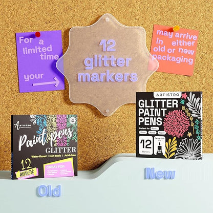ARTISTRO 12 Glitter Paint Pens Sparkly and Shiny for Rock Painting, Stone, Ceramic, Glass, Wood, Fabric, Scrapbooking, DIY Craft Making, Coloring, Acrylic Glitter Markers Extra-Fine Tip 0.7mm