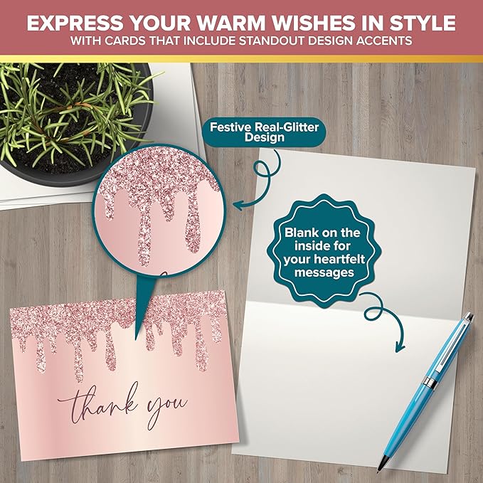 Decorably 24 Pack Glittery 6x4in Rose Gold Thank You Cards with Envelopes and Stickers, 6 Elegant Designs Thank You Cards with Envelopes Pink, Blank Inside - Bridal Shower, Wedding