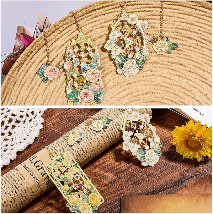 2 Pcs Metal Rose Bookmarks, Beautiful Book Marks for Reading Women Vintage Bookmarks with Metal Chain Pretty Bookmark Gift for Book Lovers Readers Birthday Christmas Gifts(Pink, White Roses)