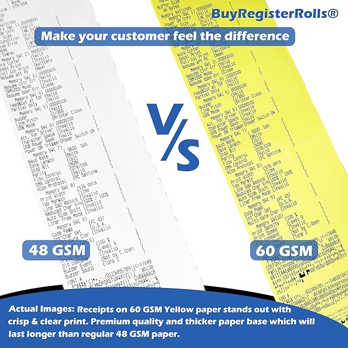 (32 Rolls) 3 1/8 x 180 Yellow Thermal Paper Receipt Rolls (60 GSM Paper Thickness) fits all Clover POS Cash Register Printers, Yellow Thermal Paper from BuyRegisterRolls