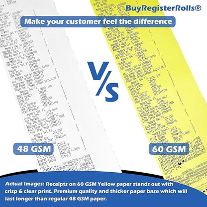 (32 Rolls) 3 1/8 x 180 Yellow Thermal Paper Receipt Rolls (60 GSM Paper Thickness) fits all Clover POS Cash Register Printers, Yellow Thermal Paper from BuyRegisterRolls