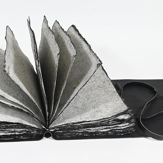 Vintage Black Leather Journal - 200 Pages Gray Deckle Edge Rustic Paper, Unlined Pages Book of Shadows, Grimoire, Junk Notebook, Fantasy Medieval Gifts, Sketchbook, Scrapbook (Raven Black, 7"x5")