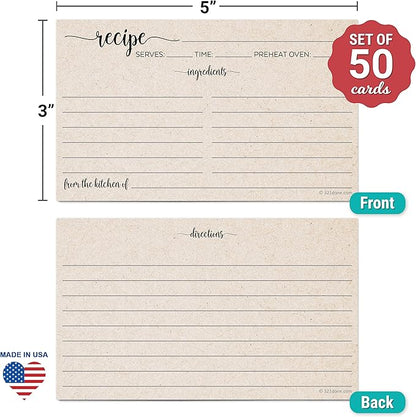 321Done Small Rustic Recipe Cards (Set of 50) From the Kitchen Of 3x5 Kraft Tan Minimalist for Wedding, Bridal Shower Double-Sided - Made in USA