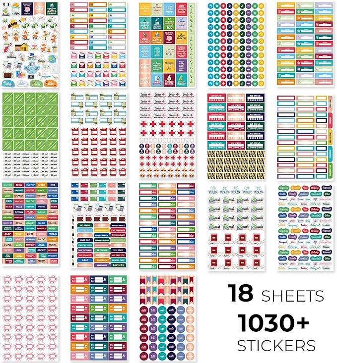 Budget Stickers by Clever Fox - 18 Sheets Set of 1030+ Unique Budget Planner Stickers for Your Monthly, Weekly & Daily Planner, Budget Planner, Calendar or Journal, Budget Sticker Book (Budget Pack)