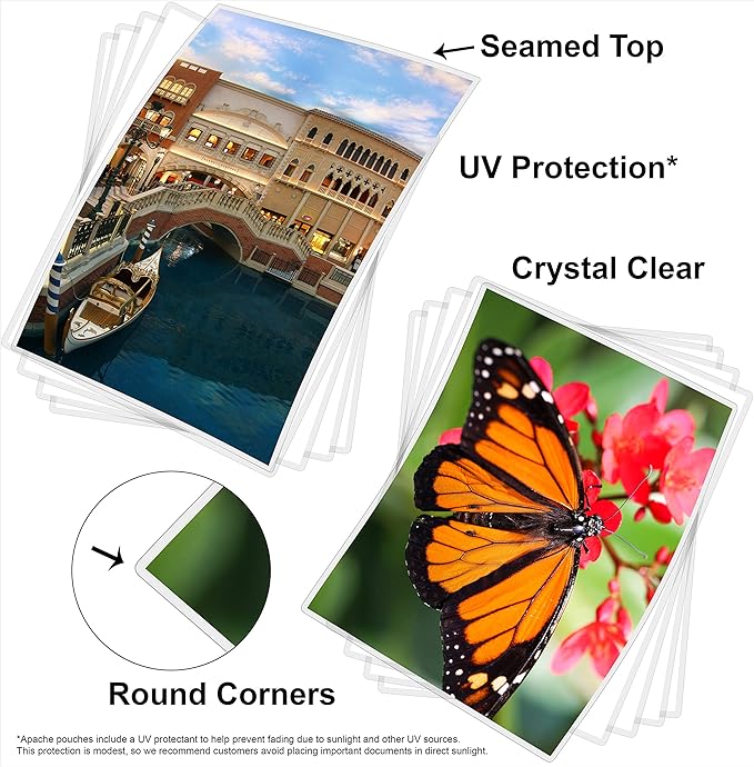 Apache Laminating Pouches 3 mil, for 8.5 x 11 inch Letter Size Paper 9 x 11.5 inch Sheets, 25 Pack