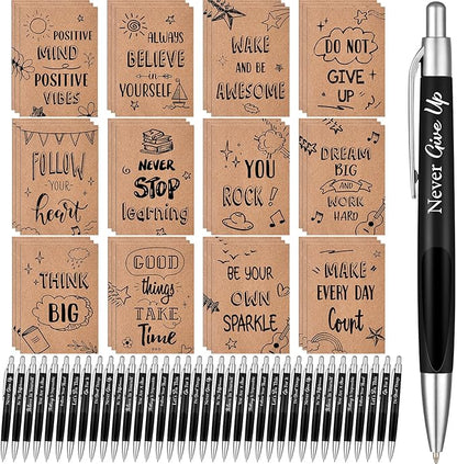 Yeaqee 72 Pcs Motivational Pens Notepads Gifts Set Inspirational Quote Ballpoint Pen Small Notebook Mini Journal Bulk Gifts for Teacher Coworker Gifts Women Office School(Positive)