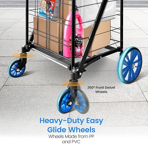 SereneLife Shopping Supermarket Cart with 360 Rolling Swivel Wheels, Collapsible Design, Double Basket Compartment, Heavy Duty Shopping Cart, Utility Cart for Grocery, Laundry, Luggage, Blue: