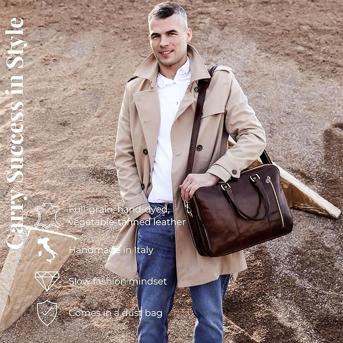 Time Resistance Leather Laptop Briefcase - Full Grain Leather Computer Bag for Men and Women